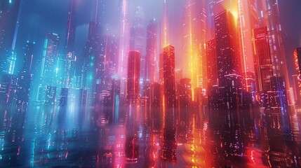 Fototapeta na wymiar Futuristic cityscape with neon lights and dramatic sunset reflecting in water