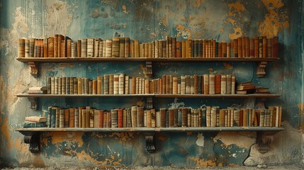 Vintage books on wooden shelves against a weathered blue wall, a nostalgic library scene