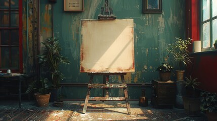 Weathered easel in a dilapidated room with peeling red walls and scattered debris capturing the essence of neglect and lost creativity