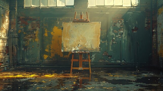Weathered easel in a dilapidated room with peeling red walls and scattered debris capturing the essence of neglect and lost creativity