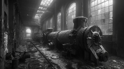 Eerie and abandoned factory with decaying machinery under dim light - obrazy, fototapety, plakaty