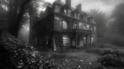 Eerie abandoned mansion enshrouded in fog, showcasing nature's reclaim in a mystical setting