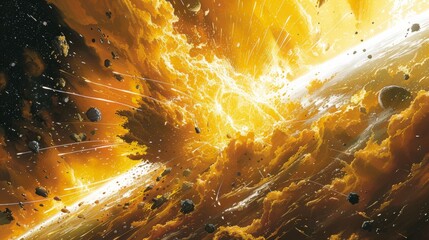 Intergalactic battle in vibrant space scene with explosions and cosmic particles