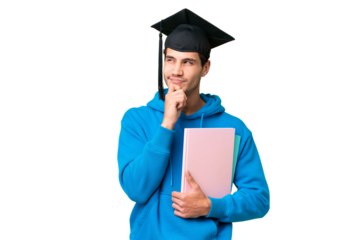 Young university graduate man over isolated background having doubts and thinking