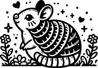 Armadillo black outline children coloring book illustration.