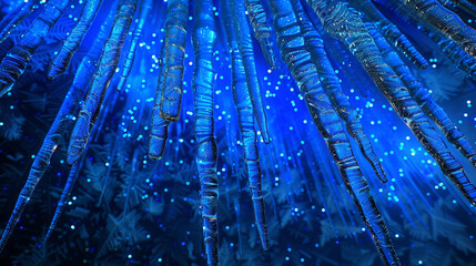 Bright blue icicles hang from a ceiling of deep cobalt, the frozen tips of digital information waiting to thaw into streams of data. - obrazy, fototapety, plakaty
