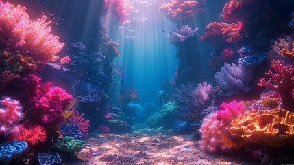 Vibrant underwater coral reef ecosystem illuminated by sunlight - obrazy, fototapety, plakaty