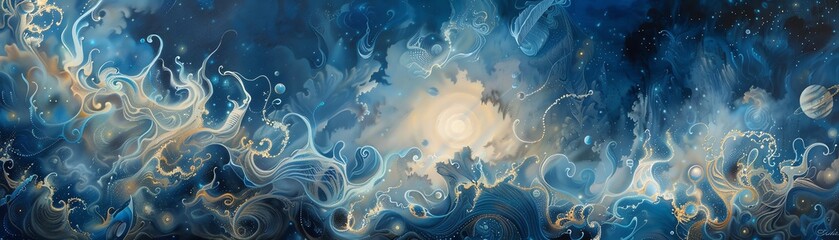 Bring to life a traditional oil painting featuring a dreamy scene of bioluminescent creatures dancing to jazz music on a mysterious exoplanet, surrounded by swirling smoke clouds that add an air of my