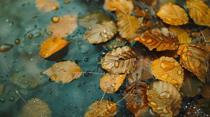 Rain-soaked leaves shimmering in the soft light of a cloudy day, evoking a sense of peace and tranquility - obrazy, fototapety, plakaty