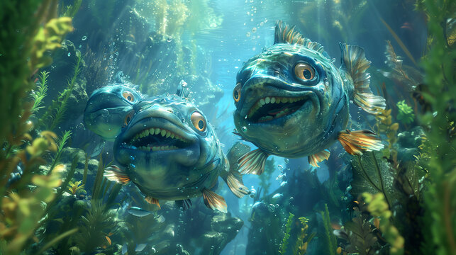 An ugly school of talking fish shares tales of underwater kingdoms, 3d animation style