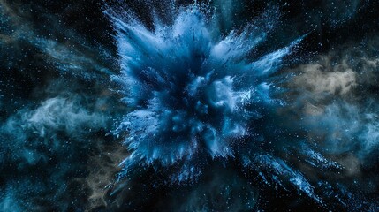 blaue Farbexplosion vor dunklem Hintergrund, rauchender Knall, Explosion aus Pulver - obrazy, fototapety, plakaty