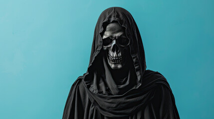Fototapeta na wymiar Grim reaper on pastel blue background