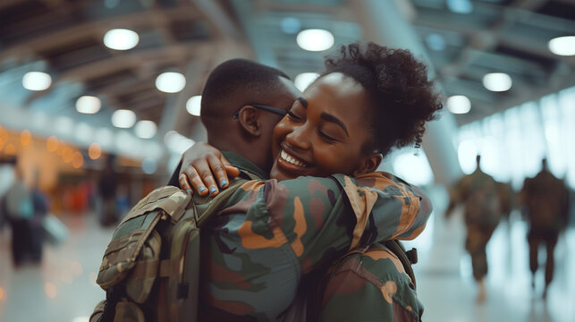 Black male soldier hugging his wife or girlfriend at the station, both wear camouflage uniform, veteran return