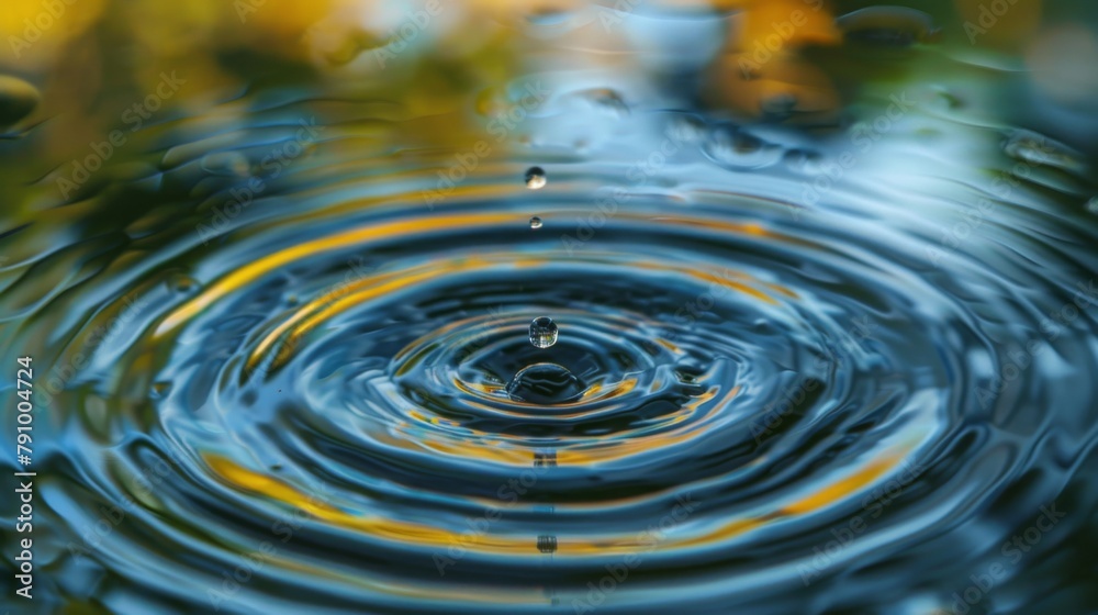 Poster Raindrops falling on a tranquil pond, creating concentric circles that ripple outwards in mesmerizing patterns.
