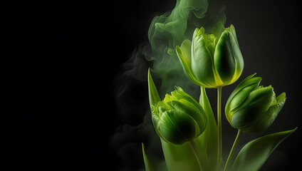 Abstrakcyjne kwiaty zielone tulipany, czarne tło, puste miejsce na tekst