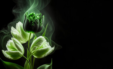 Abstrakcyjne kwiaty zielone tulipany, czarne tło, puste miejsce na tekst - obrazy, fototapety, plakaty