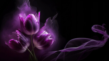 Abstrakcyjne kwiaty fioletowe tulipany, czarne tło, puste miejsce na tekst - obrazy, fototapety, plakaty