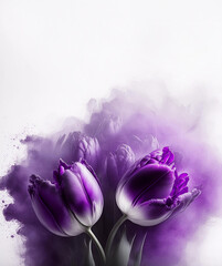 Tulipany fioletowe kwiaty. Białe tło, puste miejsce na tekst. Dekoracyjny papier