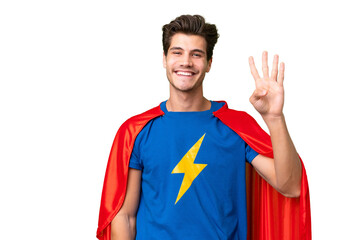 Super Hero caucasian man over isolated background happy and counting four with fingers