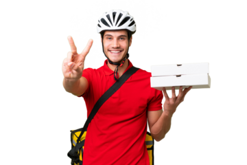 Pizza delivery man with work uniform picking up pizza boxes over isolated background smiling and showing victory sign