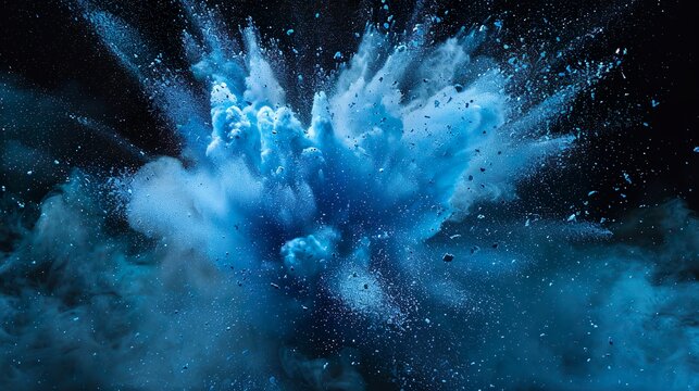 blaue Farbexplosion vor dunklem Hintergrund, rauchender Knall, Explosion aus Pulver
