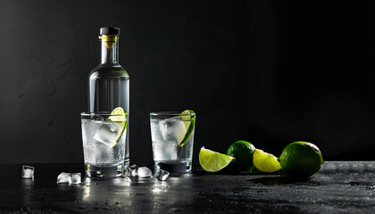 Bottle and glasses of vodka with lime on black background