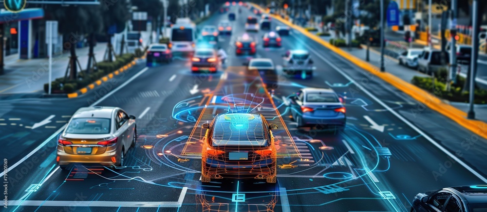 Poster Smart car in autonomous mode on city roads, featuring a HUD technology with graphic sensor radar signals and internet connectivity.