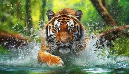 Fototapeta na wymiar Wild Symphony: Siberian Tiger's Dance in the Stream