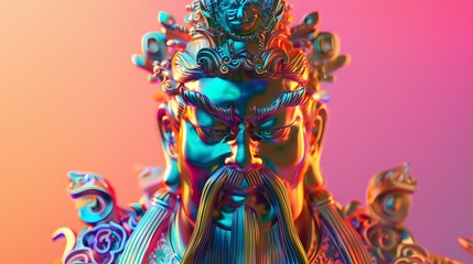 Statues of Chinese gods, atmosphere, pop art, synthwave 80's in art design.