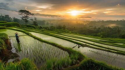 Rice fields glowing under the soft light of dawn, with a farmer surveying the tranquil landscape.