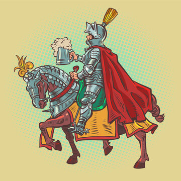 A knight in armor on an armored horse holds a mug of foamy beer. Alcohol menu in a tavern, pub or restaurant. A medieval drink in the modern world.