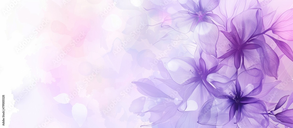 Wall mural Abstract floral background featuring purple flowers on pastel hues with a soft aesthetic suitable for spring or summer. Banner backdrop with space for text.