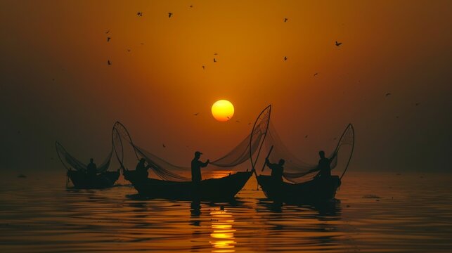 Silhouettes of fishermen casting nets at sunrise, their boats bobbing on the horizon.