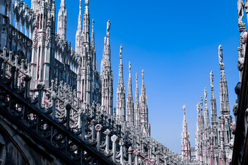 External view of Milan Cathedral (Duomo di Milano) from the rooftop, Milan, Lombardy, Italy,...