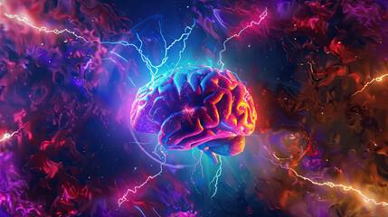 Human brain with neuroses in action with lightning