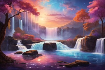 Sunset Waterfall Landscape Background, Enchanting Celestial Waterfall Wallpaper, Painting of a waterfall, Fantasy landscape with waterfall and sunset, Waterfall in the mountains, AI Generative