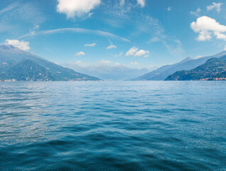 Lake Como (Italy) summer coast hazy view from ship board.