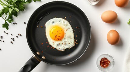 Fried egg with yolk and white on a black frying pan with some brown eggs, parsley, black and red pepper spices decoration on white background