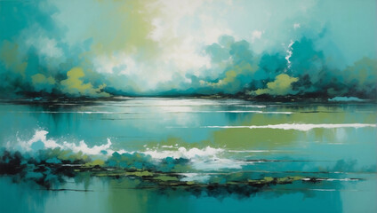 Tranquil Panoramic Scene, Turquoise and Green Hues Interplay in Abstract Water and Oil Composition.
