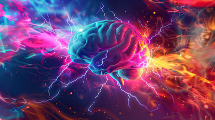 Human brain with neuroses in action with lightning