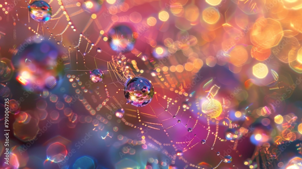 Poster Water droplets clinging to a spider's web, refracting light and creating a dazzling display of shimmering colors in a dewy morning.