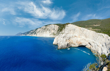 Summer Lefkada Island coastline  (Greece, Ionian Sea) view from up. Two shots composite picture.