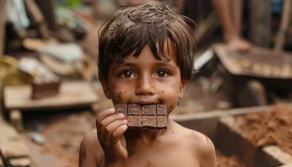 Fotobehang Hungry beggar homeless child eating chocolate bar © Michael