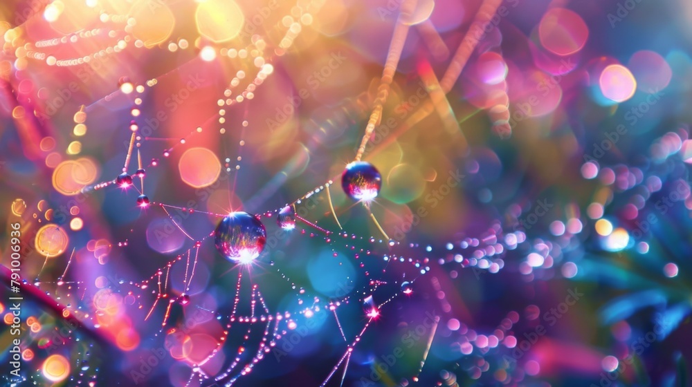 Poster Water droplets clinging to a spider's web, refracting light and creating a dazzling display of shimmering colors in a dewy morning.