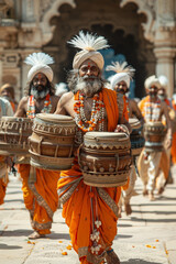 Obraz premium Group of men in orange outfits carrying drums at hampi festival