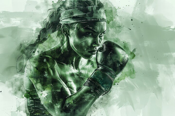 Female boxer athlete in green watercolor painting, Sport, competition