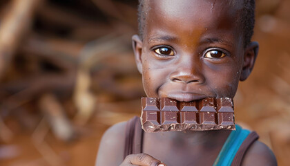 Hungry beggar homeless child eating chocolate bar