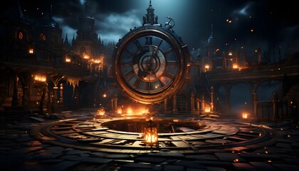 3d illustration of a fantasy city at night with lights and a compass