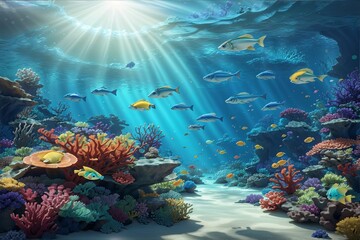 Underwater Landscape Background, Underwater Wallpaper, underwater scene with coral reef and marine life, Fish swimming among corals in water seascape, Ocean World Wallpaper, AI Generative