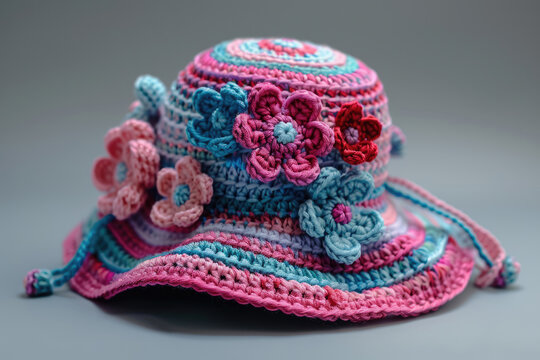Stylish knitted summer hat for women or girls with Irish lace